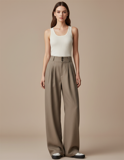 Pantalon Baggy Marron Ample Taille Haute Élégant - Gabardine
