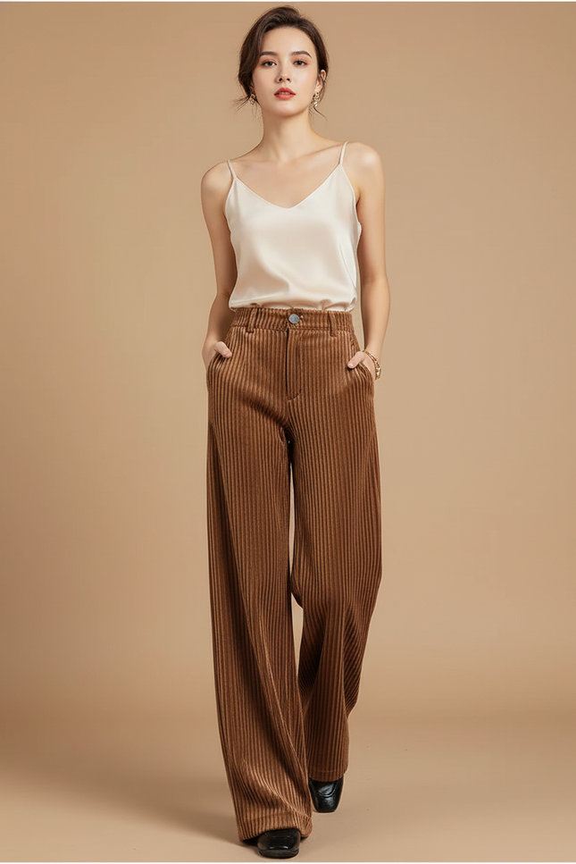 Pantalon Baggy Marron Velours Côtelé Taille Haute Ample - Cordé