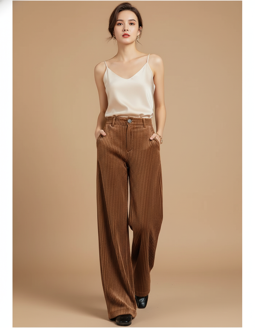 Pantalon Baggy Marron Velours Côtelé Taille Haute Ample - Cordé
