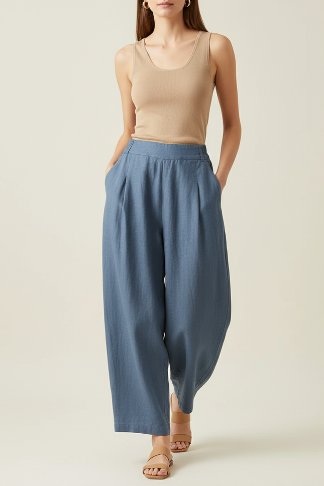 Pantalon Baggy Bleu Lin Ample Plissé Décontracté