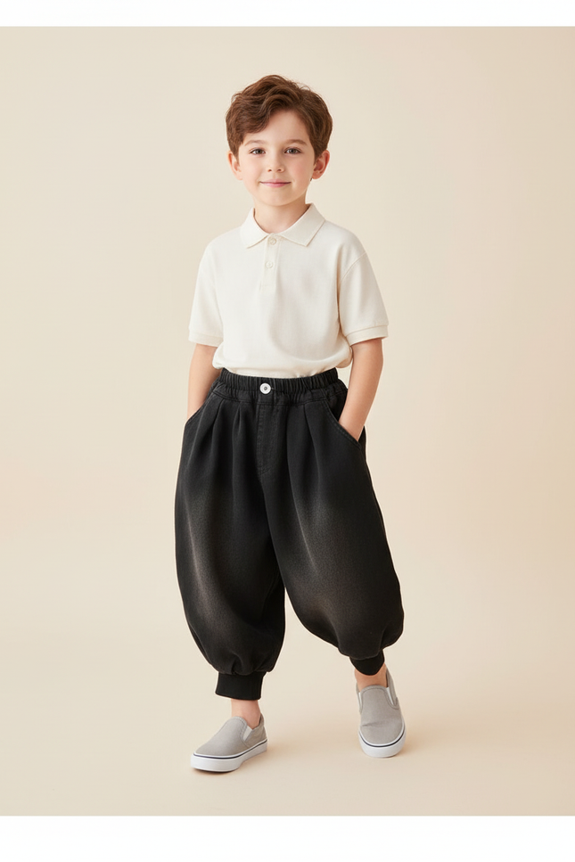 Pantalon Baggy Noir Ample Élastiqué Coton Garçon - Jean