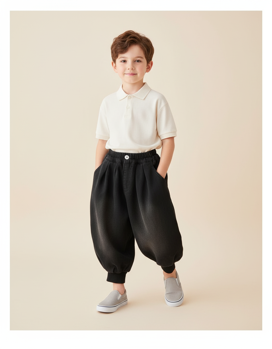 Pantalon Baggy Noir Ample Élastiqué Coton Garçon - Jean