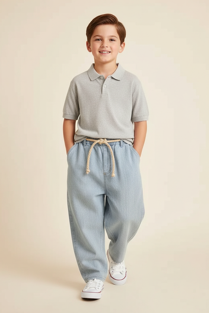 Pantalon Baggy Jean Clair Ample Cordon Décontracté Enfant - Bleu