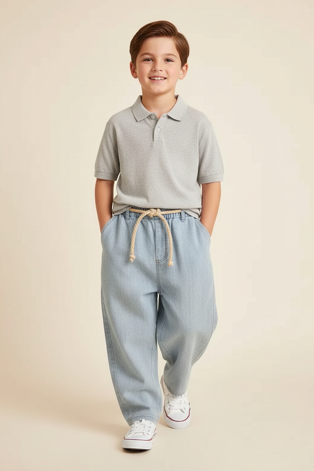 Pantalon Baggy Jean Clair Ample Cordon Décontracté Enfant - Bleu