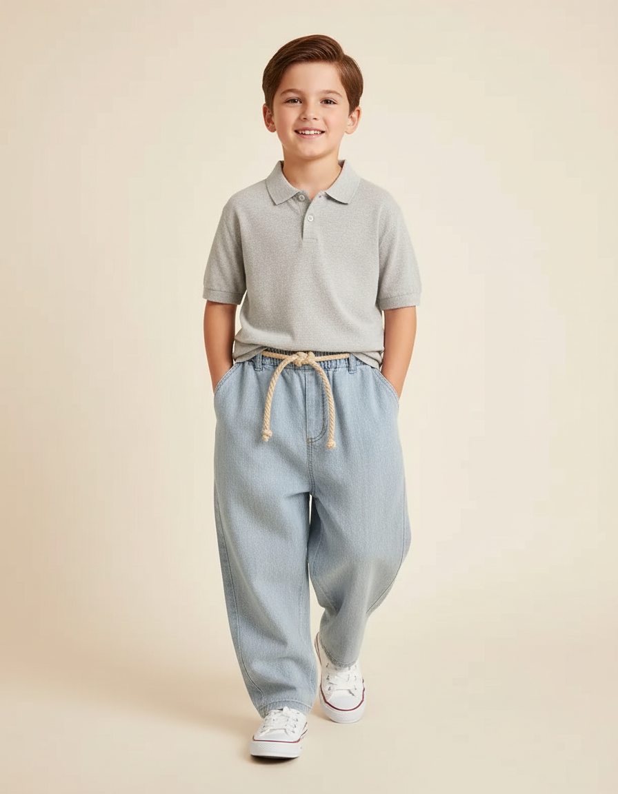 Pantalon Baggy Jean Clair Ample Cordon Décontracté Enfant - Bleu