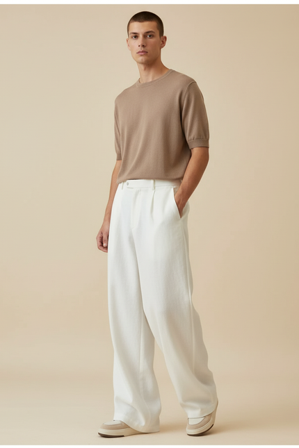 Pantalon Baggy Blanc Ample Lin Plissé Homme