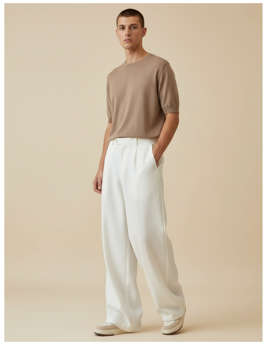Pantalon Baggy Blanc Ample Lin Plissé Homme
