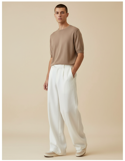 Pantalon Baggy Blanc Ample Lin Plissé Homme