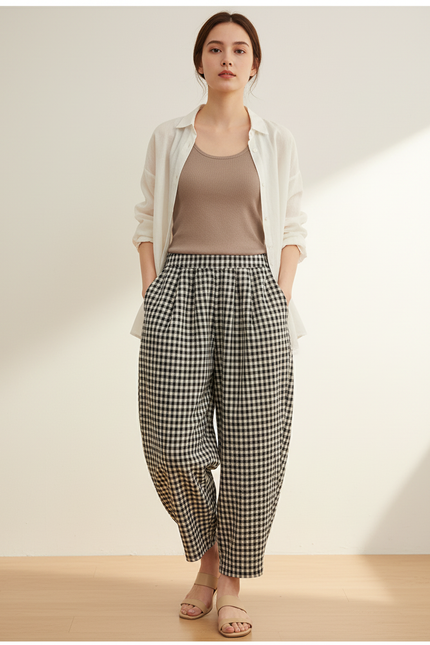Pantalon Baggy Carreaux Noir Blanc Coton Ample Confortable - Imprimé Lin