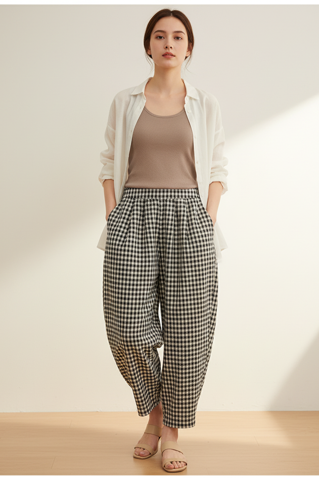 Pantalon Baggy Carreaux Noir Blanc Coton Ample Confortable - Imprimé Lin