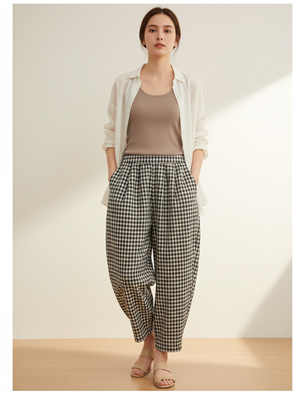 Pantalon Baggy Carreaux Noir Blanc Coton Ample Confortable - Imprimé Lin