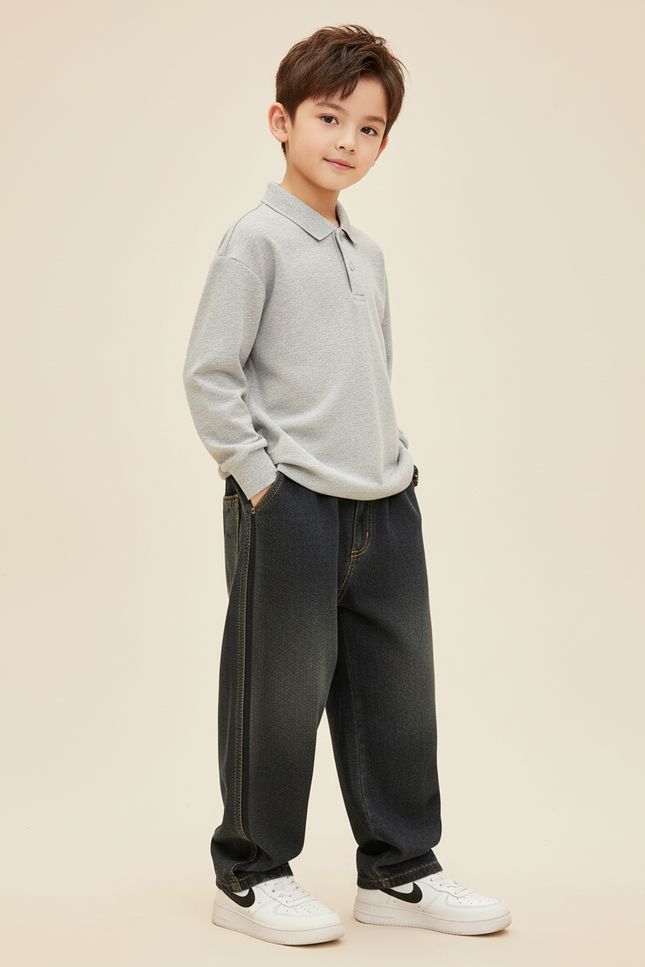 Pantalon Baggy Jean Délavé Ample Noir Garçon