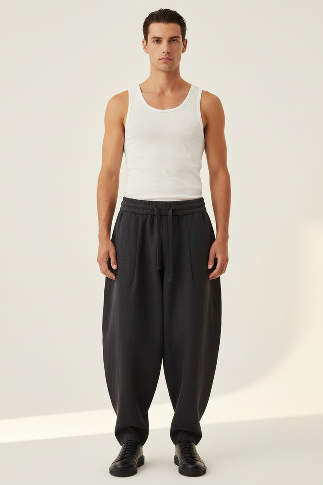 Pantalon Baggy Noir Ample Lin Plissé Décontracté Homme