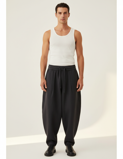 Pantalon Baggy Noir Ample Lin Plissé Décontracté Homme