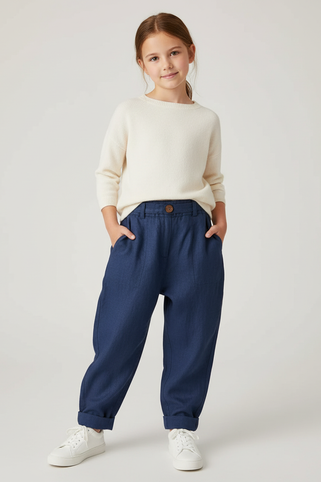 Pantalon Baggy Bleu Marine Ample Lin Décontracté Enfant