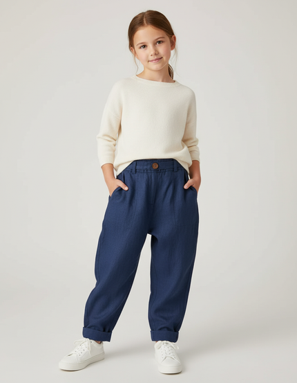 Pantalon Baggy Bleu Marine Ample Lin Décontracté Enfant