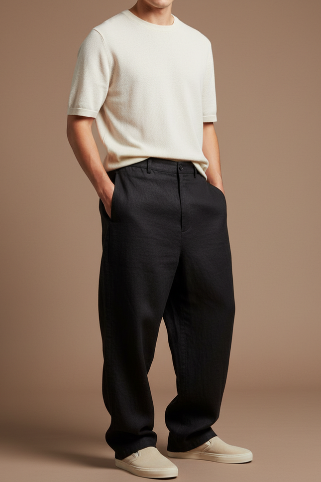 Pantalon Baggy Homme Noir Toile - Lin