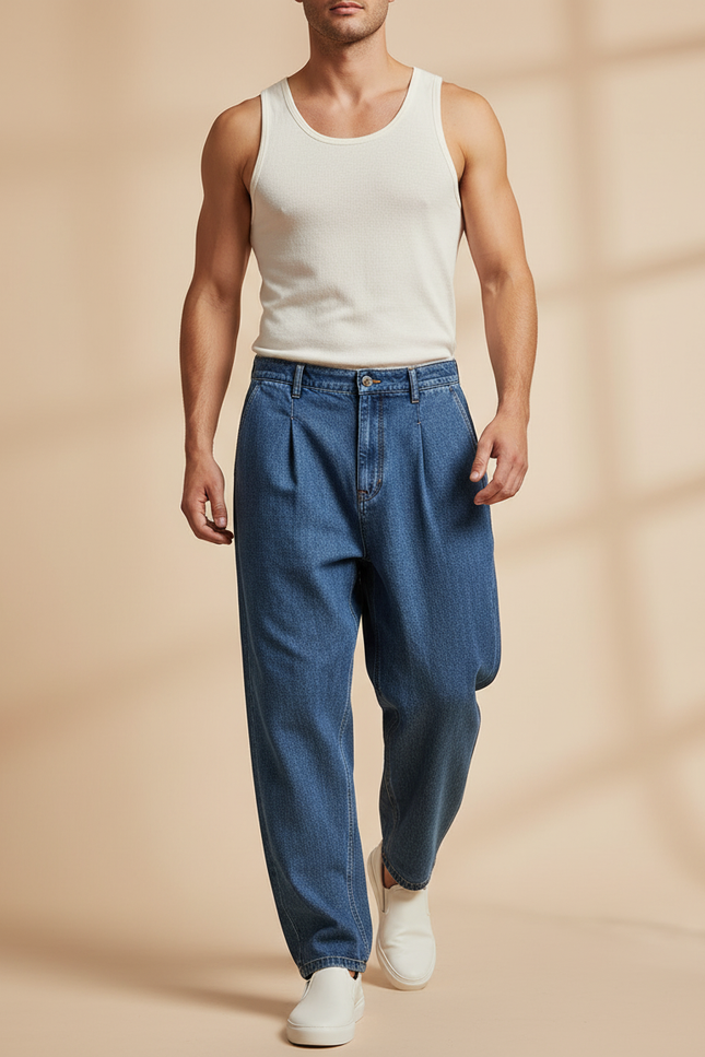Pantalon Baggy Bleu Jean Plissé Ample Décontracté Homme