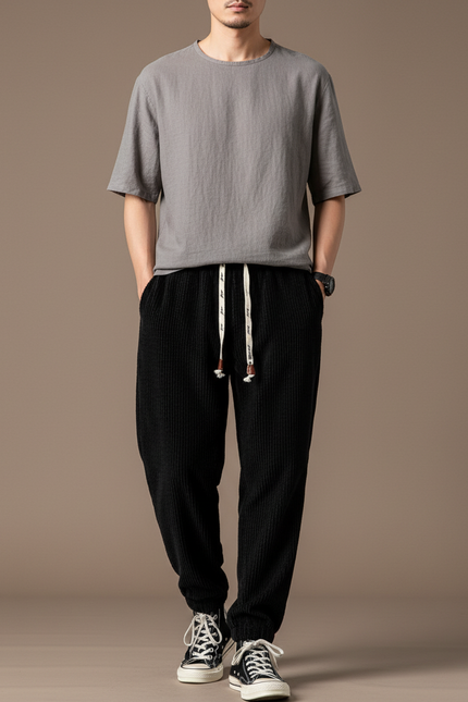 Pantalon Baggy Côtelé Noir Ample Sport Homme - Cordé