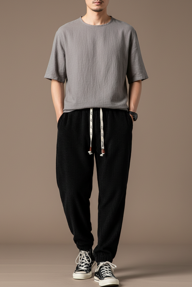 Pantalon Baggy Côtelé Noir Ample Sport Homme - Cordé