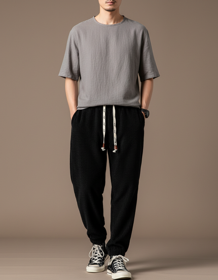 Pantalon Baggy Côtelé Noir Ample Sport Homme - Cordé