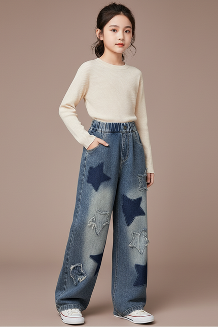 Pantalon Baggy Jean Bleu Étoiles Ample Fille