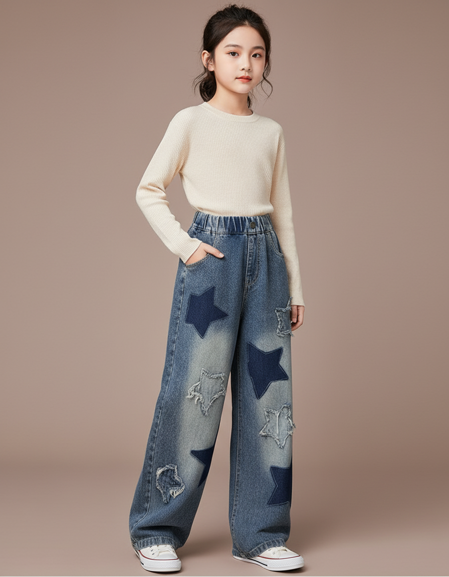 Pantalon Baggy Jean Bleu Étoiles Ample Fille
