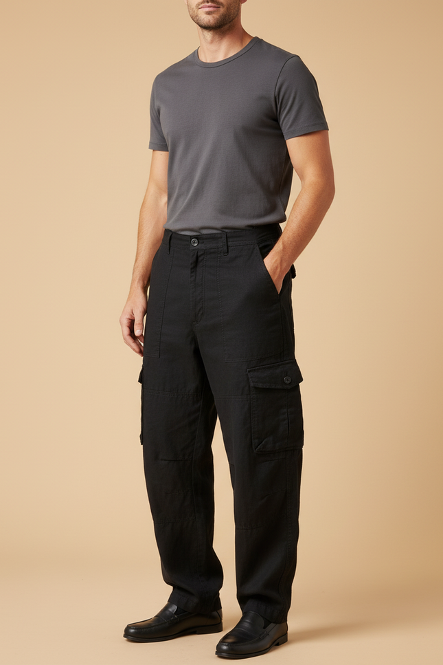 Pantalon Baggy Noir Cargo Ample Coton Décontracté Homme - Toile
