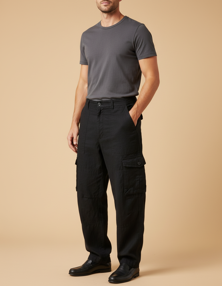 Pantalon Baggy Noir Cargo Ample Coton Décontracté Homme - Toile