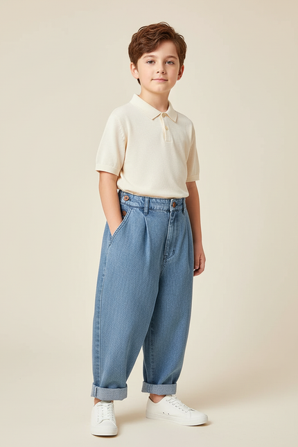 Pantalon Baggy Denim Bleu Plissé Ample Enfant - Jean