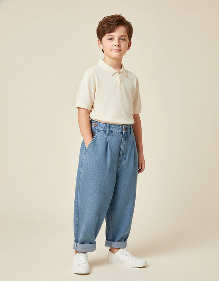 Pantalon Baggy Denim Bleu Plissé Ample Enfant - Jean