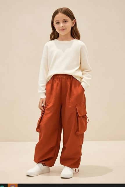 Pantalon Baggy Orange Cargo Ample Fille Décontracté - Polyester
