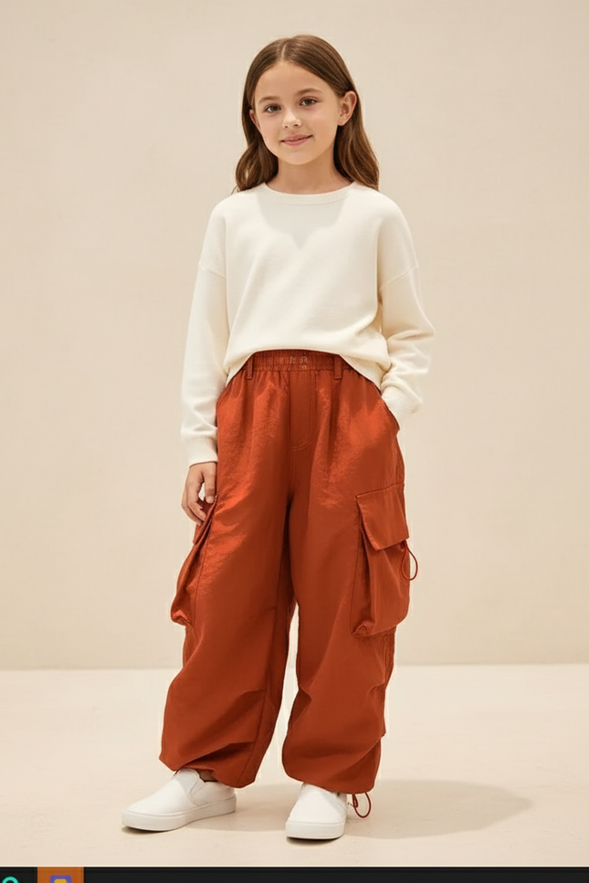 Pantalon Baggy Orange Cargo Ample Fille Décontracté - Polyester