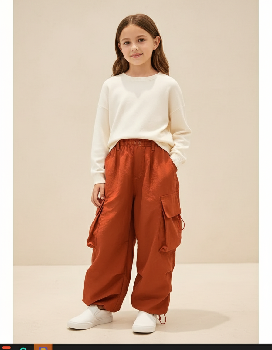 Pantalon Baggy Orange Cargo Ample Fille Décontracté - Polyester