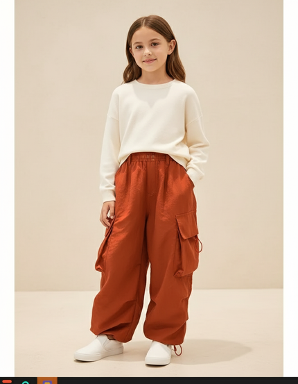 Pantalon Baggy Orange Cargo Ample Fille Décontracté - Polyester