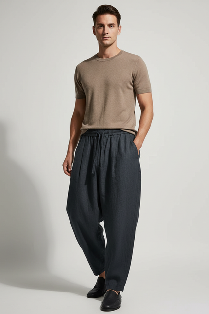 Pantalon Baggy Anthracite Lin Ample Décontracté Homme - Gris