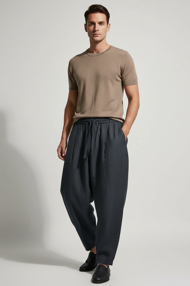 Pantalon Baggy Anthracite Lin Ample Décontracté Homme - Gris