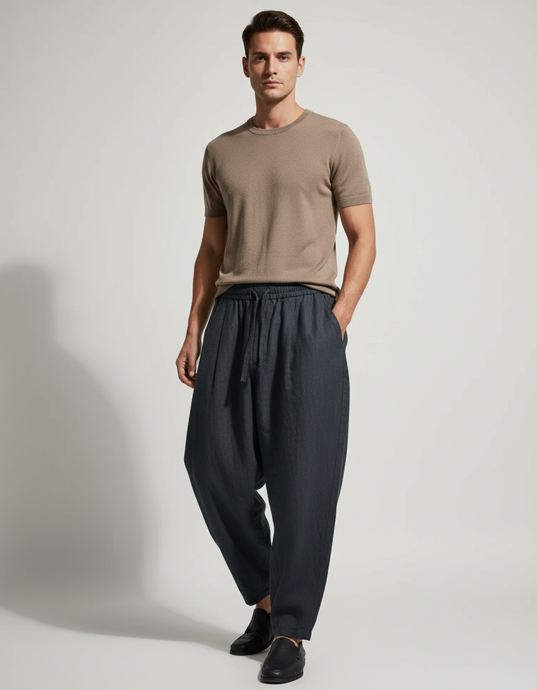Pantalon Baggy Anthracite Lin Ample Décontracté Homme - Gris
