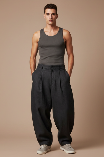 Pantalon Baggy Noir Lin Plissé Ample Homme Décontracté