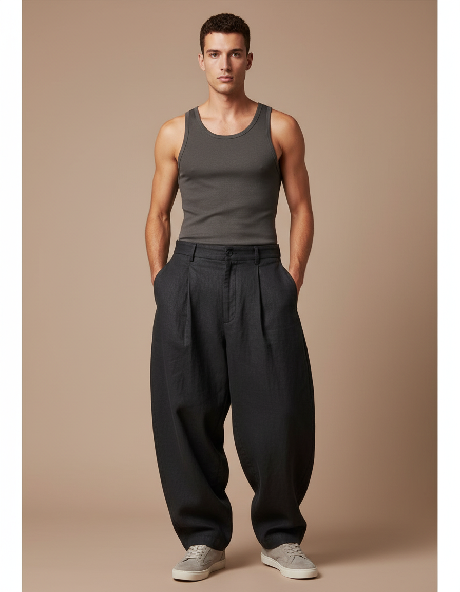 Pantalon Baggy Noir Lin Plissé Ample Homme Décontracté