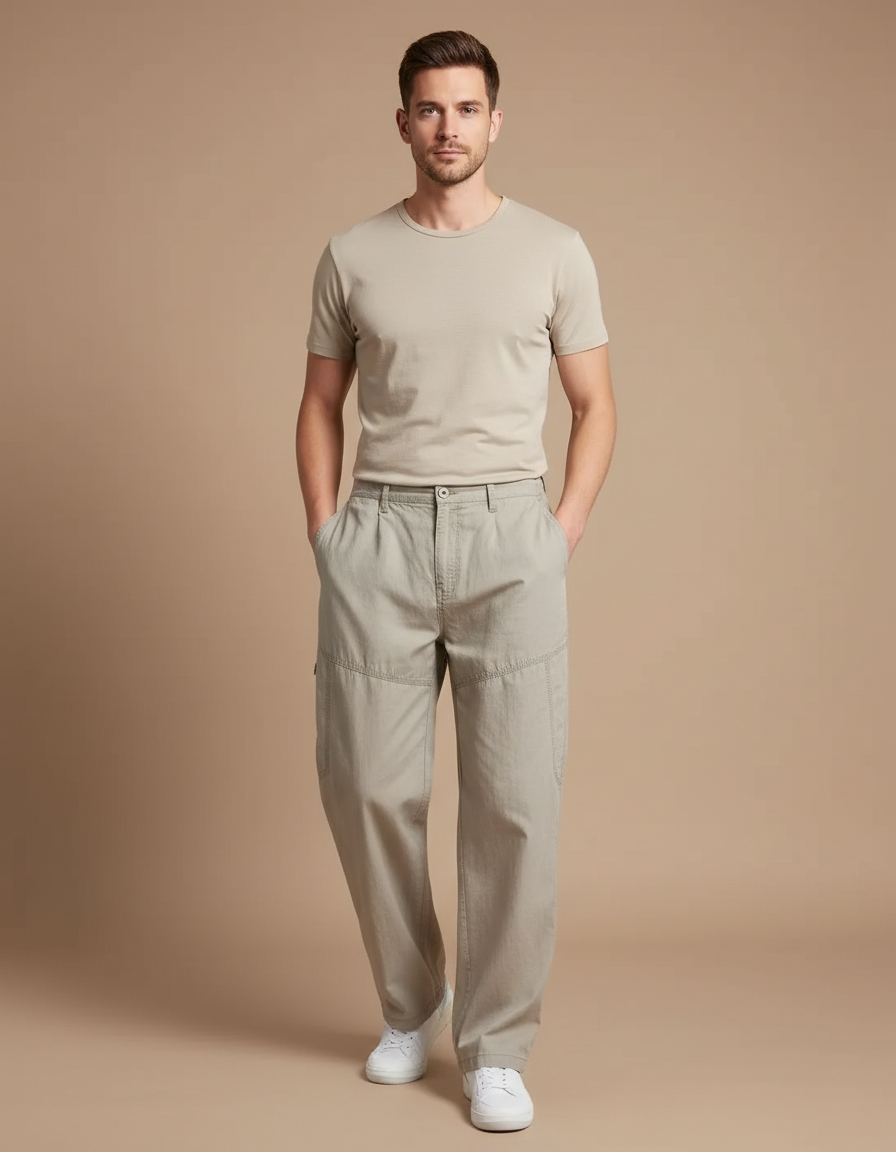 Pantalon Baggy Beige Coton Ample Cargo Homme - Toile