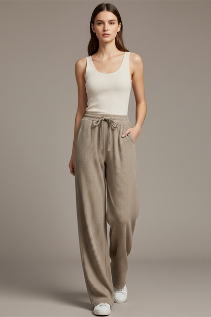 Pantalon Baggy Beige Côtelé Ample Décontracté Cordon - Maille
