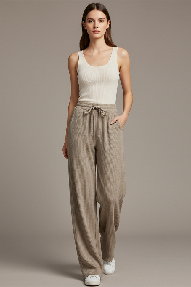 Pantalon Baggy Beige Côtelé Ample Décontracté Cordon - Maille