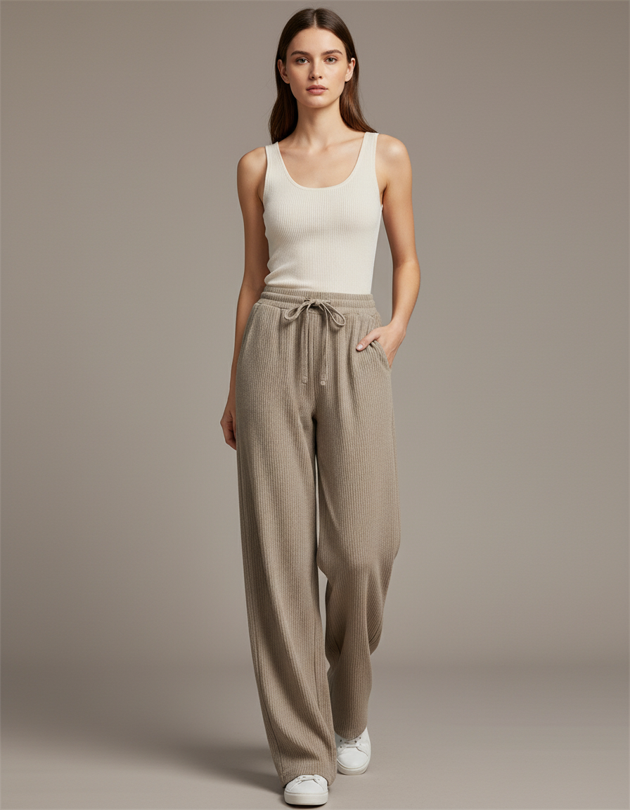 Pantalon Baggy Beige Côtelé Ample Décontracté Cordon - Maille