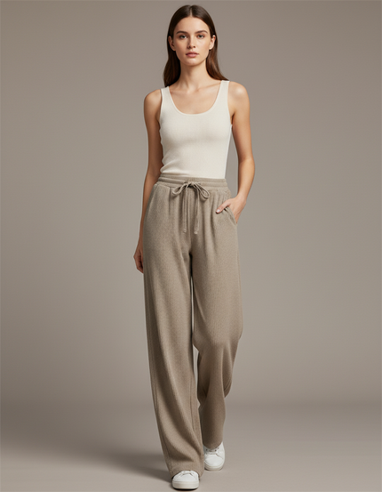 Pantalon Baggy Beige Côtelé Ample Décontracté Cordon - Maille
