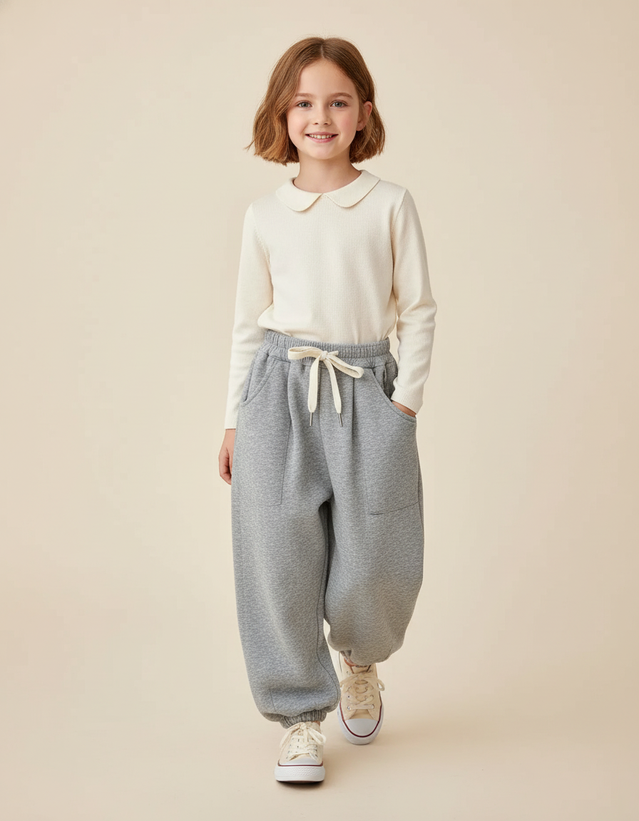 Pantalon Baggy Gris Molletonné Ample Décontracté Enfant