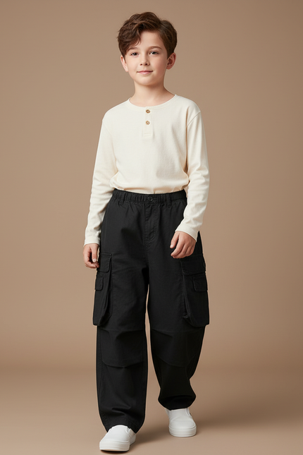 Pantalon Baggy Noir Cargo Ample Coton Garçon - Toile