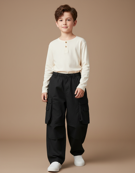 Pantalon Baggy Noir Cargo Ample Coton Garçon - Toile