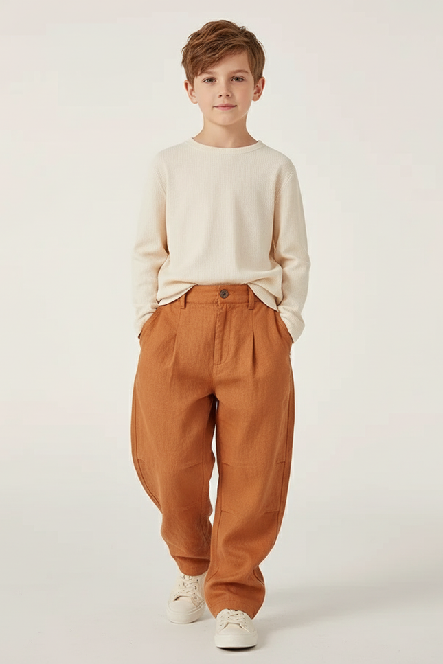 Pantalon Baggy Marron Ample Plissé Enfant Décontracté - Lin