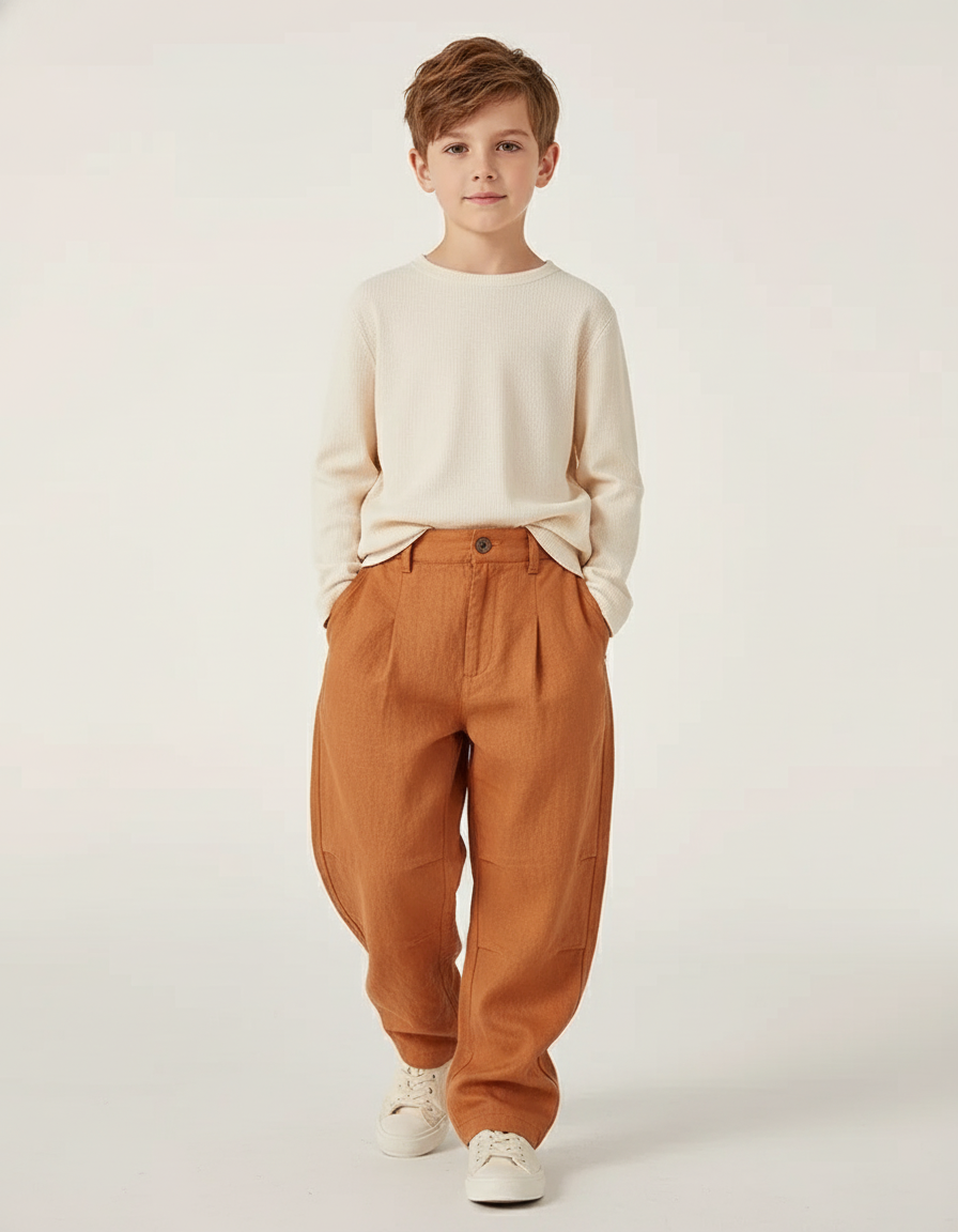 Pantalon Baggy Marron Ample Plissé Enfant Décontracté - Lin